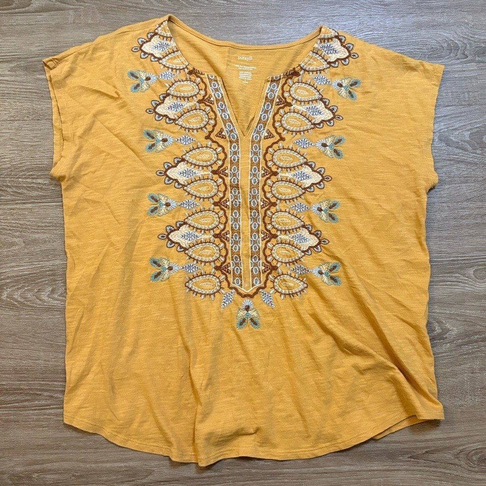 Pure Jill J. Jill Mustard Yellow Embroidered Top Western Boho Indie Sz L Petite‍